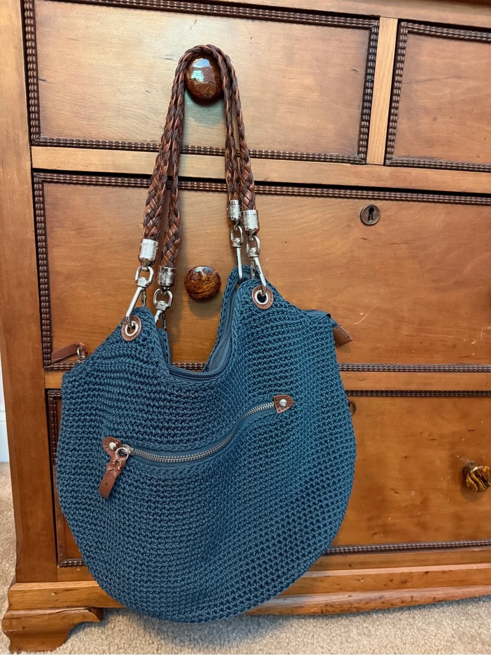 The Sak Blue Crochet Hobo Bag with Brown Braided Handles - Picture 1 of 3
